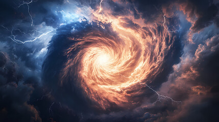 Artistic representation of a powerful cyclone from above with swirling clouds and lightning. Tropical Storm. Illustration