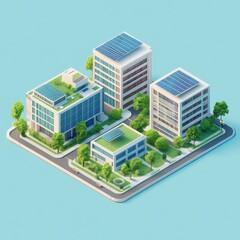 A 3D illustration of modern buildings with solar panels and greenery.