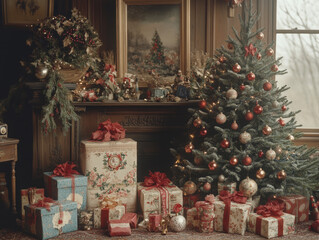 Vintage family portrait with old-fashioned Christmas decorations