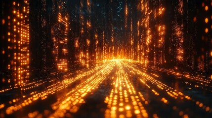 A data technology background visualizing big data flows and binary code in a matrix style, illustrating the movement of information.