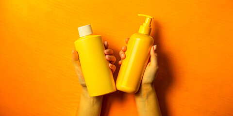 Two hands hold brightly colored shampoo and conditioner bottles against a solid light background, symbolizing skin care and hygiene products.