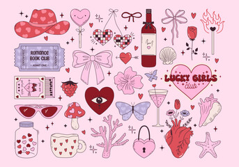 Set of y2k pink girly clipart. Cute cowboy hat, bow, heart, matches, shell, cup. Trendy coquette stickers. 2000s aesthetic. Funky vector elements for card, poster, collage design