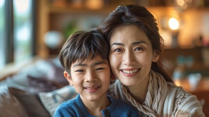 Fototapeta premium A tender moment unfolds in a sunny living space, where a Chinese mother and her son share a heartfelt conversation, their smiles brightening the day