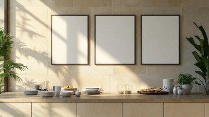 Minimalist Kitchen with Blank Frames and Sunlight