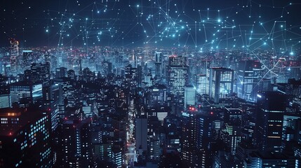 Smart city with line light connection technology on night sky