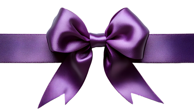Purple bow for gift wrapping PNG, top view, flat lay design. Festive ribbon bow isolated on transparent background. Elegant and decorative purple bow for presents, holiday gift wrapping, or crafts
