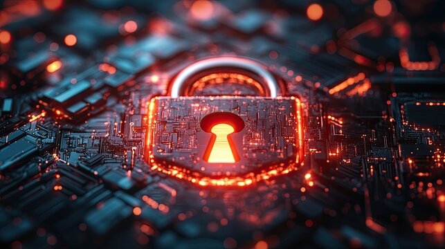 A detailed illustration of a digital padlock emphasizes cyber security, data protection, and internet safety against cyber attacks.