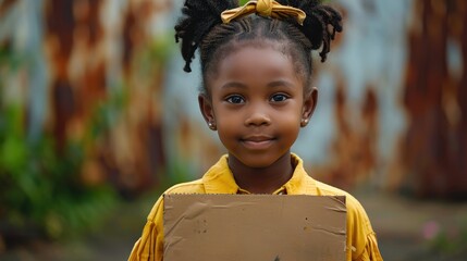A joyful African girl holds a "Back to School" sign, celebrating the beginning of a new academic year