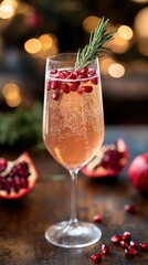 Enjoy a sparkling pomegranate cocktail with fresh rosemary garnish, perfect for celebrations