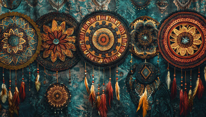 Obraz premium A collection of mandalas, dreamcatchers, and earthy tones, with intricate patterns and a warm, laid-back atmosphere