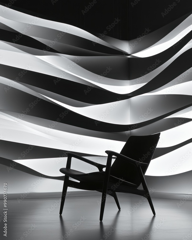 Sticker A minimalist black chair against a backdrop of flowing light waves.