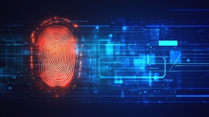 Futuristic Fingerprint Glowing Red on Digital Circuit Background, Biometric Security Concept