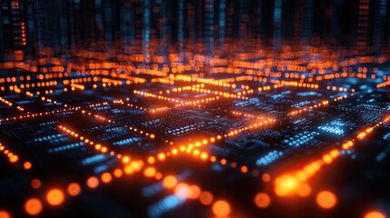 Fototapeta premium A digital background with glowing binary code, representing the data flow and connectivity in scientific technology.