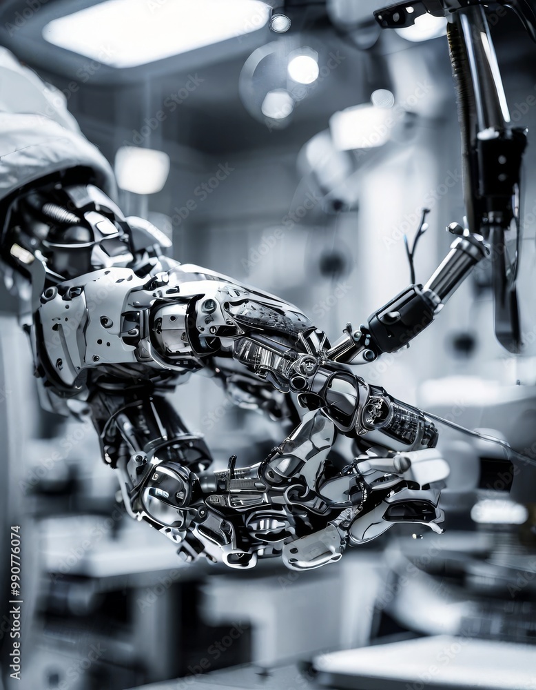 Poster a detailed close-up of a robotic hand working with precision in a sterile environment. the intricate