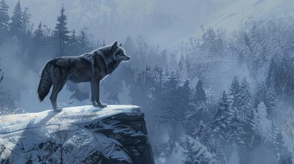 Majestic lone wolf standing proudly on a snowy ridge, fur ruffled by the cold wind, overlooking an expansive winter forest landscape with a serene atmosphere, perfect for nature-themed projects, wildl