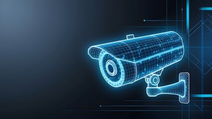 Wireframe Security Camera on Blue Background