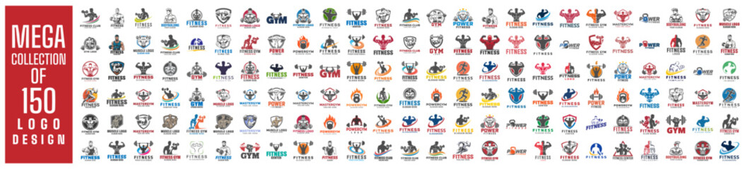 Fototapeta premium Mega collection of 150 Fitness logo design vector illustration. used for Gym company identity.