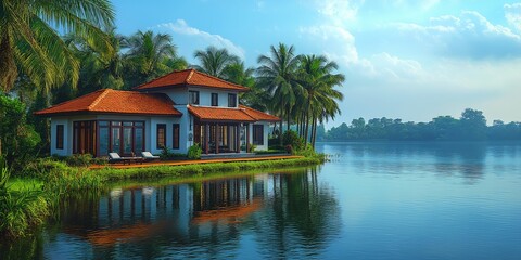 A scenic house with red tiled roof surrounded by palm trees on a serene lake under blue sky
