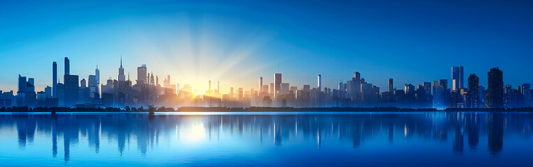Fototapeta premium Urban river horizon with a cityscape of modern high-rise buildings. A dynamic and contemporary view combining nature and architecture.
