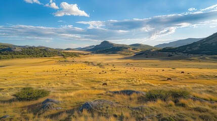 Fototapeta premium Patagonian steppe, guanacos grazing, rolling hills, bird's-eye view, golden grasses, wide-angle lens, high-definition