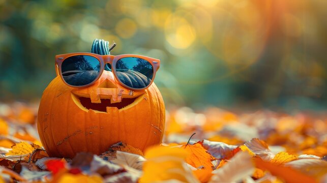 Bright colors of autumn emphasize the fun of the pumpkin with glasses
