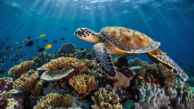 Underwater scene with a towering seamount rising from the ocean floor, surrounded by corals reefs