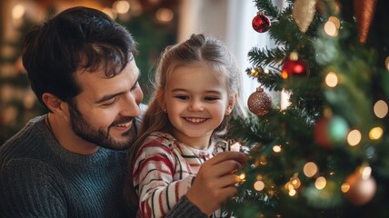 Father and daughter decorating Christmas tree. Happy family celebrating winter holidays at home.