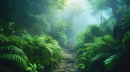 Fototapeta premium A misty forest path winds through lush greenery, sunlight filtering through the canopy.