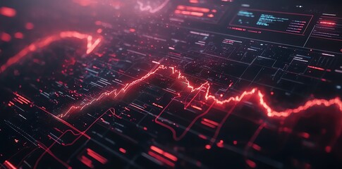 Red line graph on black background with other lines and numbers.