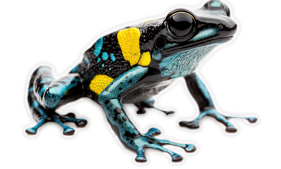 Vibrant Poison Dart Frog with Blue, Yellow, and Black Coloring,  Close up of Amphibian