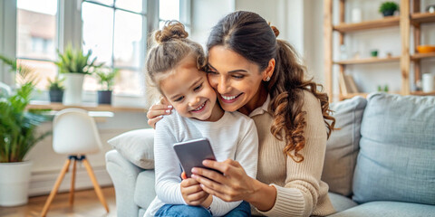 A joyful mother and her young daughter sharing a moment together on a sofa, smiling as they look at a smartphone in a bright, cozy living room.
