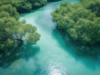 Tropical mangroves, diverse wildlife, high tide, bird's-eye view, lush greenery, clear waters, wide-angle lens, vibrant ecosystem