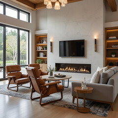 Fototapeta premium Brown leather chairs and grey sofa in room with fireplace. Mid-century style home interior design of modern living room