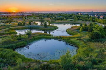 Fototapeta premium Urban wetlands, diverse wildlife, early morning, bird's-eye view, habitat restoration, vibrant ecosystem, wide-angle shot