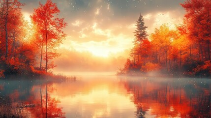 Obraz premium ethereal autumn forest scene with misty lake vibrant foliage in reds and golds reflections on calm water soft dreamy light filtering through trees