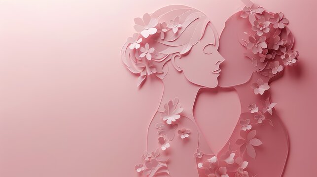 A playful cut-out representation of two women kissing on their special day, highlighted against a cheerful pink backdrop, providing space for heartfelt notes