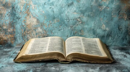 Obraz premium This background with an open holy book on a smooth gray surface creates a peaceful atmosphere ready for inscriptions or messages