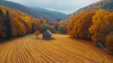 A Rustic Cabin Surrounded by Vibrant Autumn Foliage in a Tranquil Valley