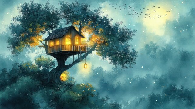 Tree House Landscape at Night