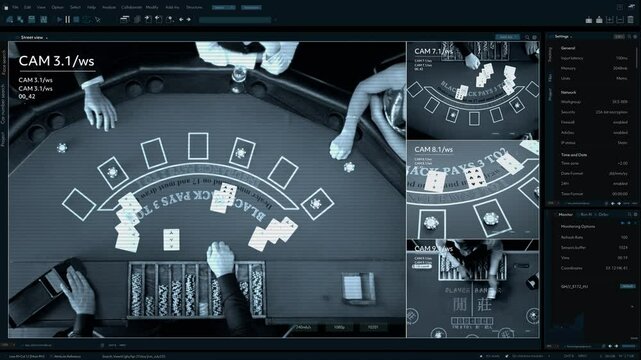 CCTV Security Displays Casino Gaming Tables. Main Screen Shows Blackjack Table With Cards and Chips. Smaller Screens Reveal Other Games. Surveillance Software Template Split Screen