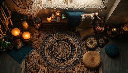 A collection of mandalas, dreamcatchers, and earthy tones, with intricate patterns and a warm, laid-back atmosphere