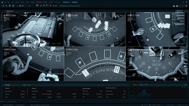 CCTV Security Displays Multiple Casino Tables. Screens Show Roulette Wheel, Blackjack Layout, and Poker Games. People Placing Bets and Dealing Cards. Surveillance Software Template Split Screen