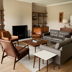 Brown leather chairs and grey sofa in room with fireplace. Mid-century style home interior design of modern living room