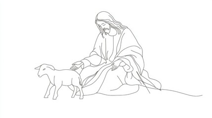 Jesus Christ with lamb, simple line art representing peace and compassion