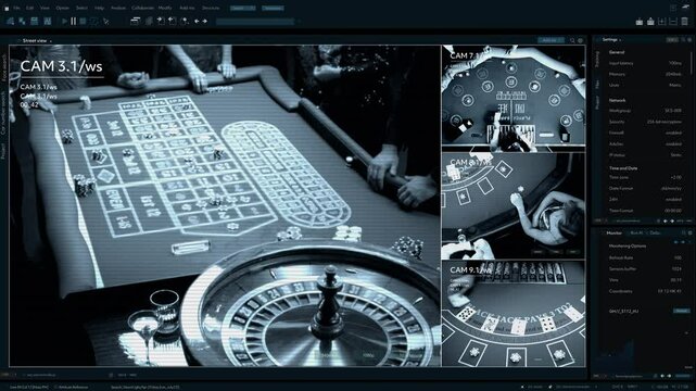 CCTV Footage Displays Casino Games. Main Screen Shows Roulette Table With Wheel and Betting Layout. Smaller Screens Reveal Blackjack and Poker Tables. Surveillance Software Template Split Screen