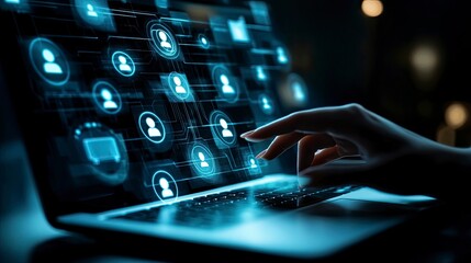 Digital network connecting user profiles on laptop screen