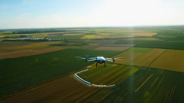 Autonomous drone flying over vast fields under a clear sky, capturing data for mapping with real-time analysis and technology displayed on screen