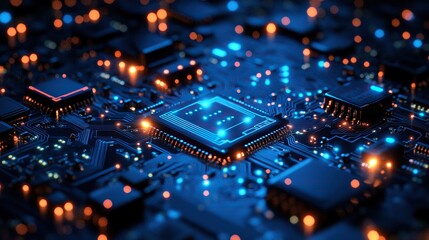 Obraz premium A graphic design of a dark blue circuit board emphasizes high-tech themes, highlighting the intricate details of digital connectivity.