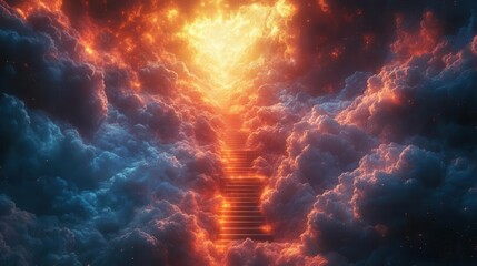 ethereal staircase ascending through clouds towards radiant light surrounded by floating geometric shapes symbolizing spiritual journey and enlightenment