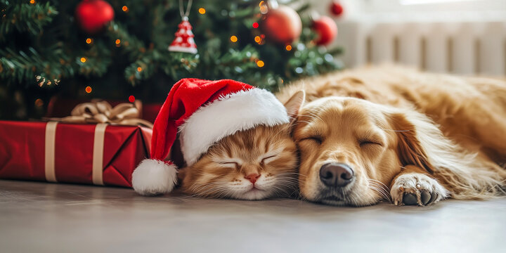 Cute dog and cat sleeping under Christmas tree on wooden floor - Powered by Adobe